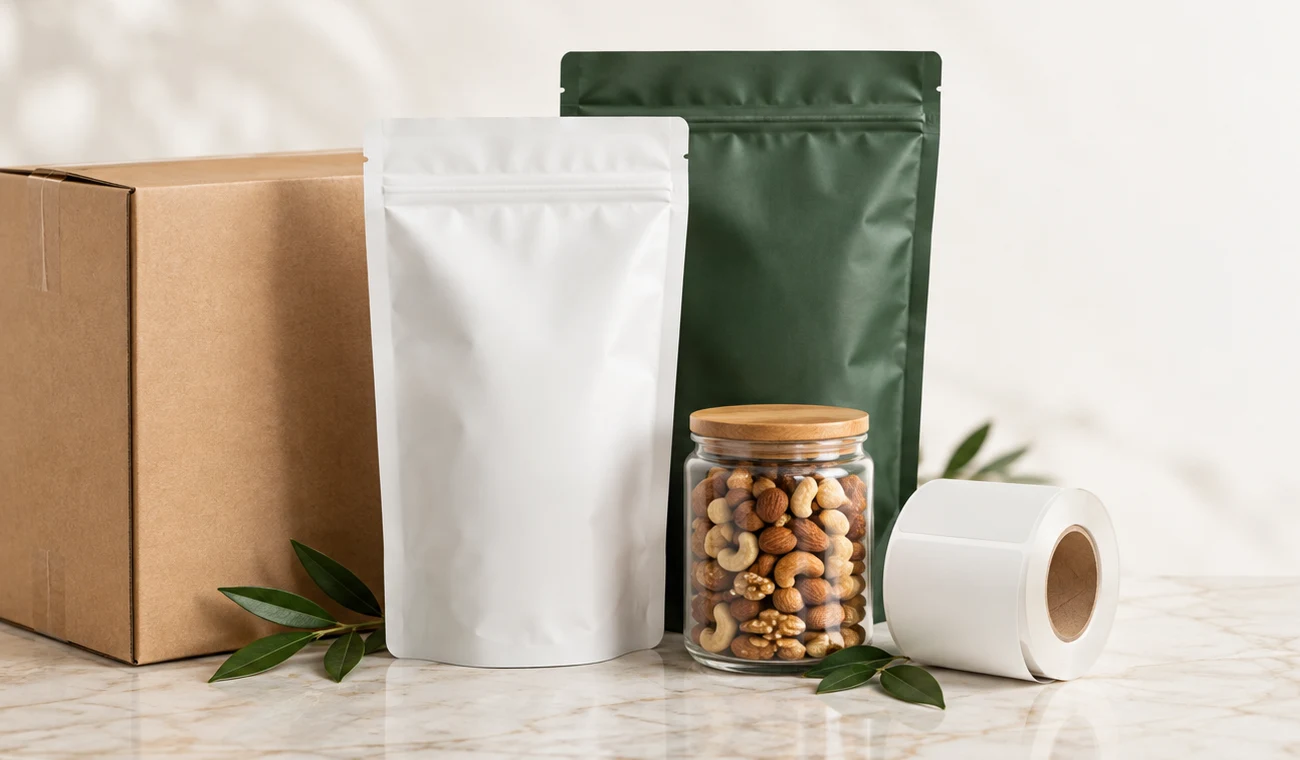 Kraft carton, white and green pouches, a snack jar and a label roll
