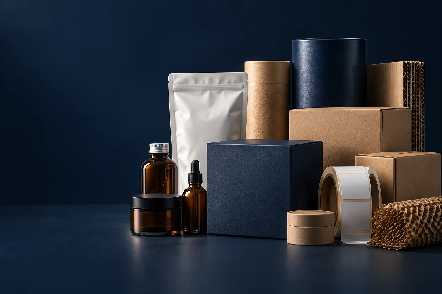 Pouches, cartons, bottles, jars and label rolls arranged on an industrial packaging table