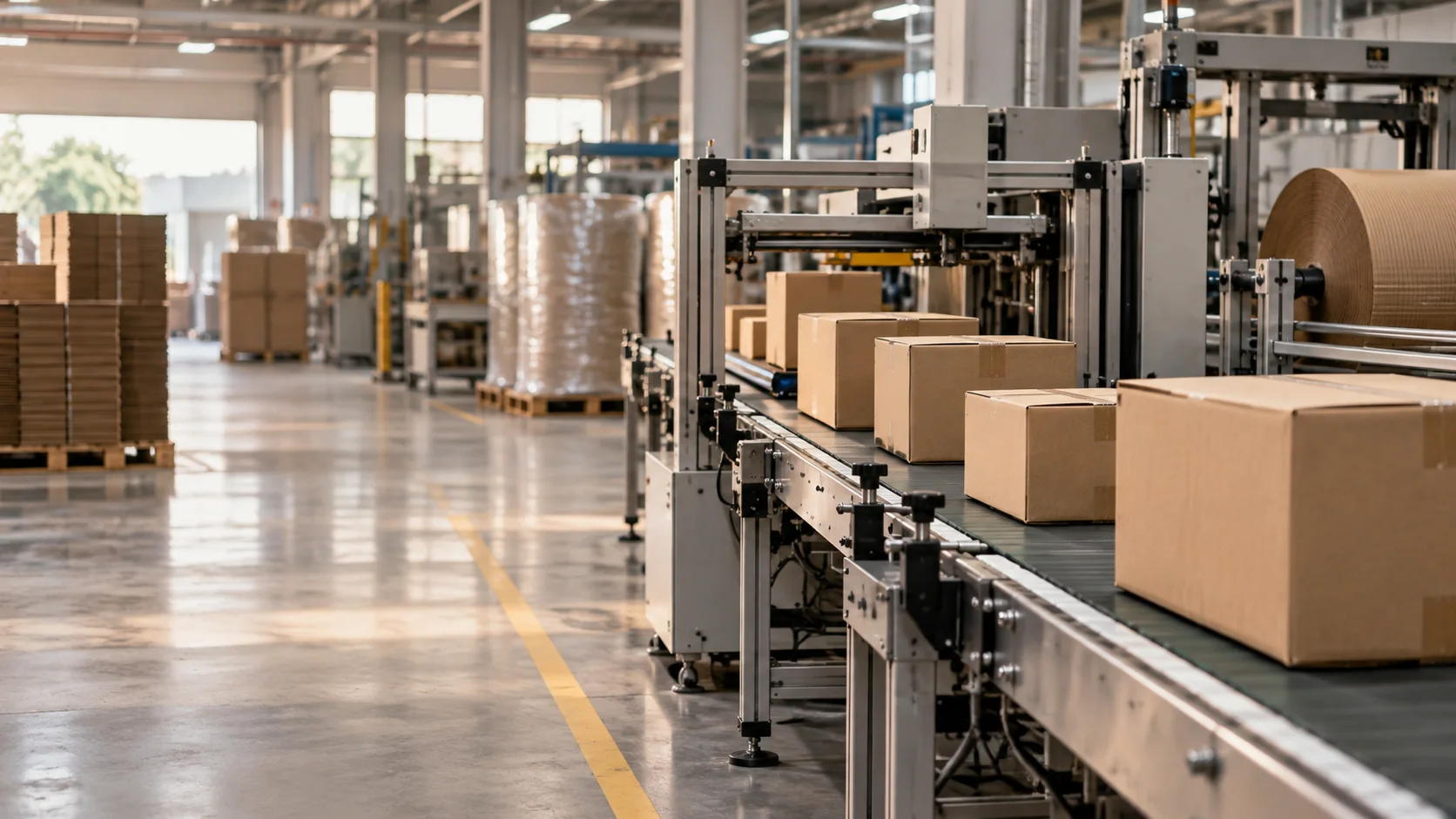Kraft cartons moving through a packaging production line