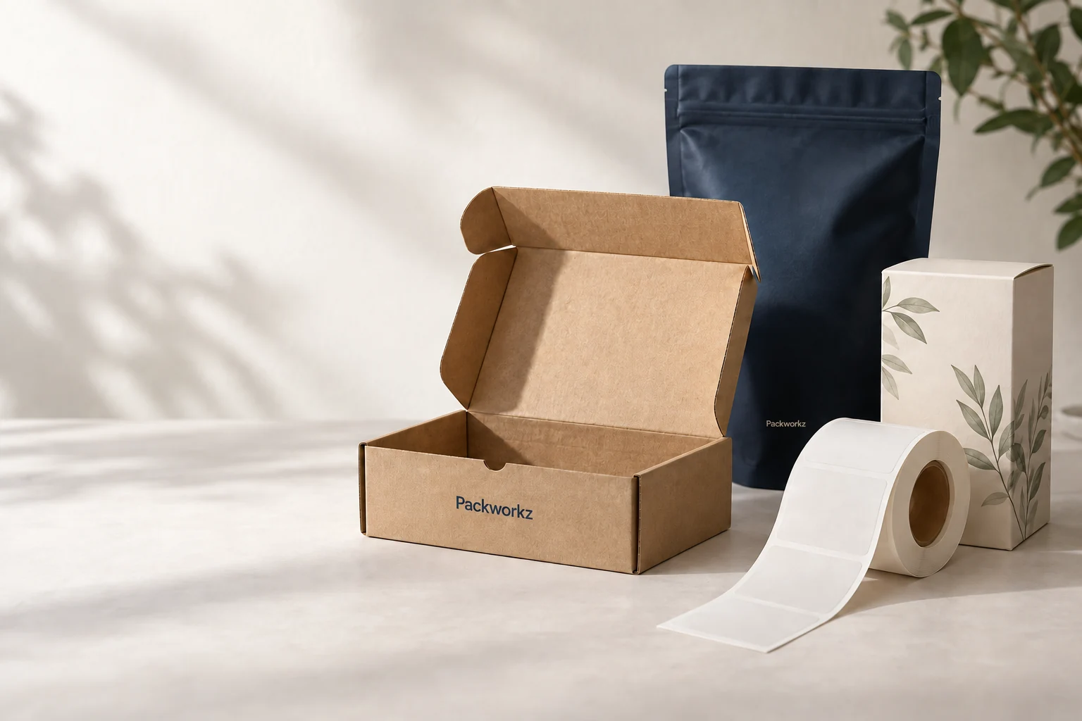 Packworkz mailer box, navy pouch, folding carton and label roll in a sunlit packaging still-life