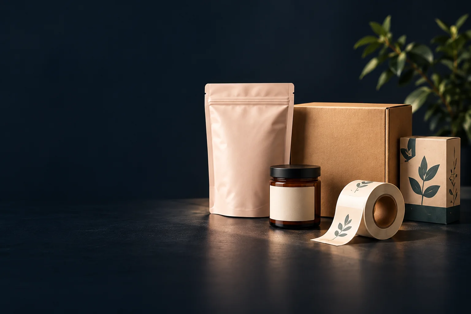 Consumer packaging pouch, mailer box, carton, jar and label roll on a dark studio table