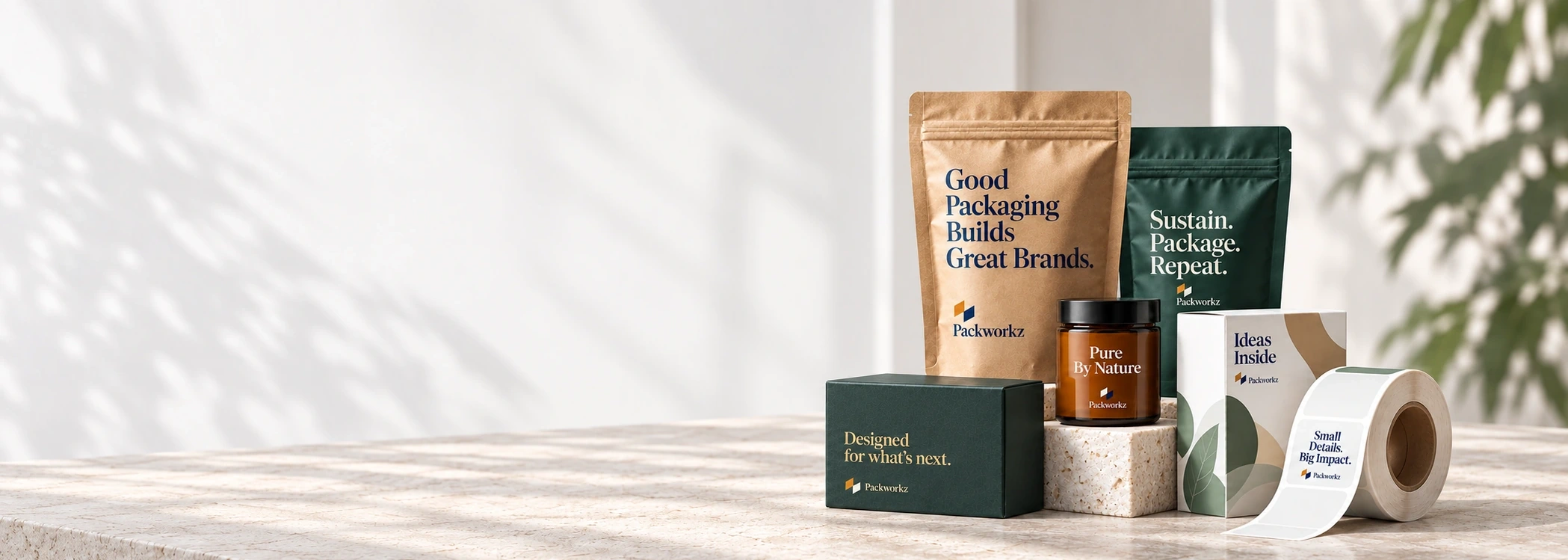 Stand-up pouches, carton, jar, rigid box and label roll representing Packworkz packaging capabilities