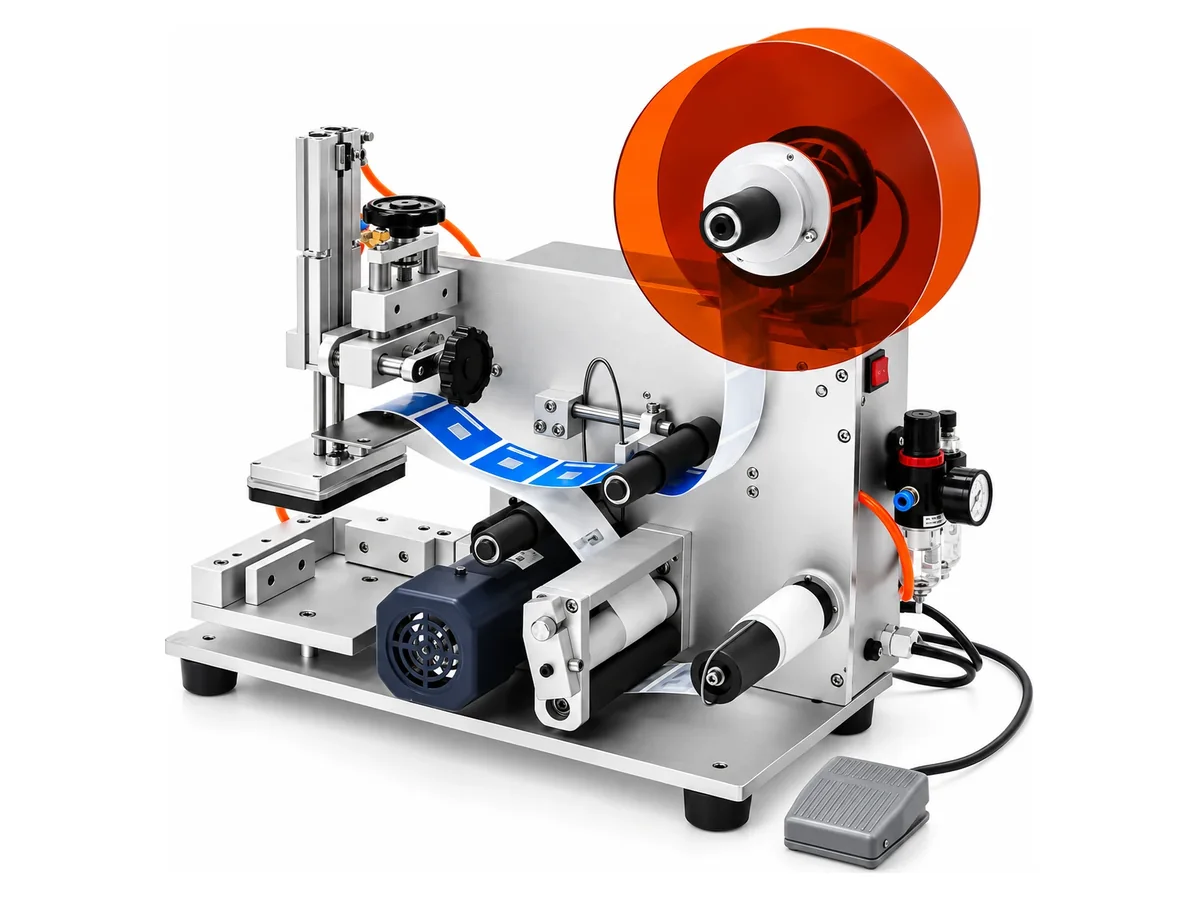Semi-automatic flat surface labelling machine with pneumatic press and foot pedal