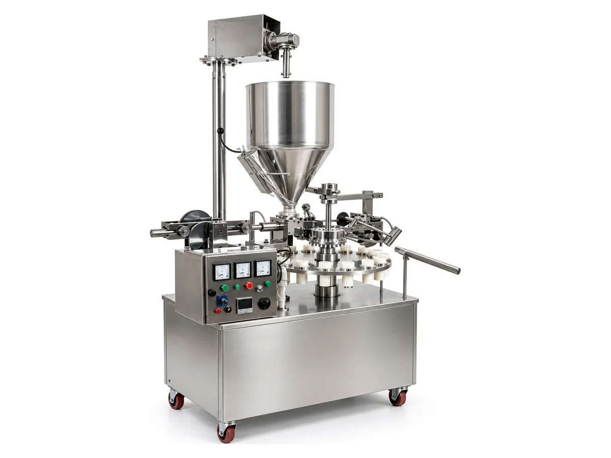 Semi-automatic rotary tube filling and sealing machine with hopper