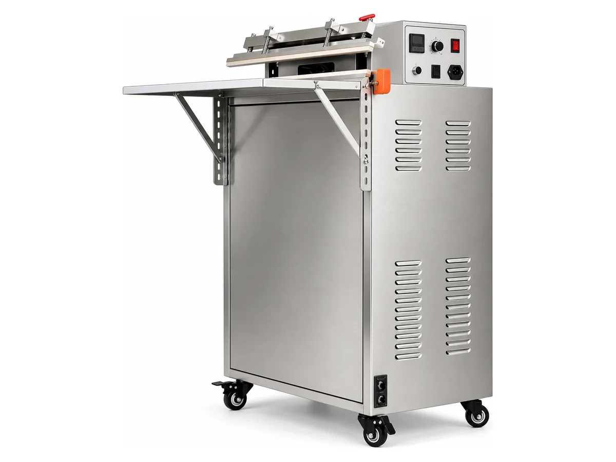 Floor-standing external vacuum sealing machine with fold-out bag shelf