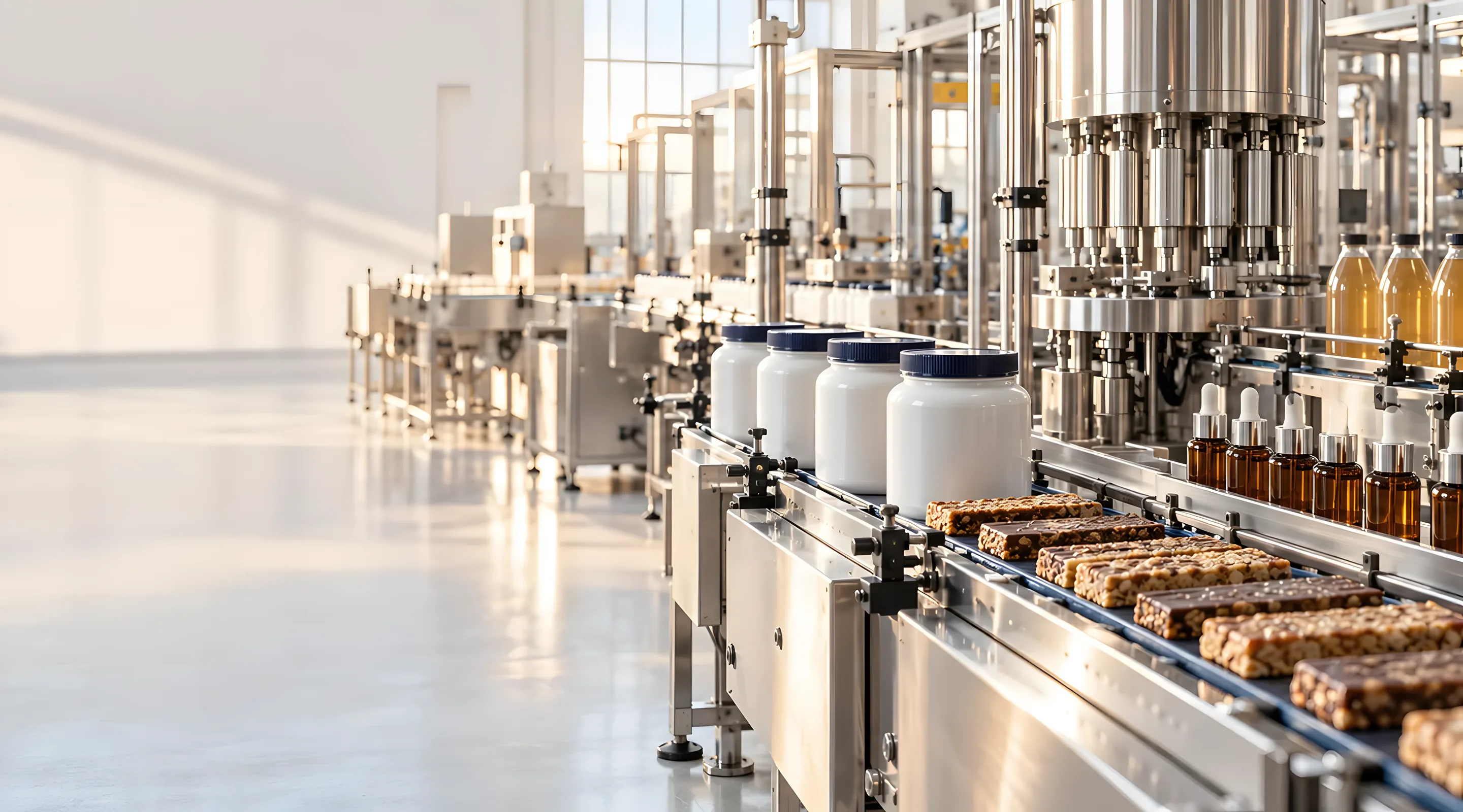 Consumer product manufacturing line with protein bars, supplement jars, serums and bottled drinks