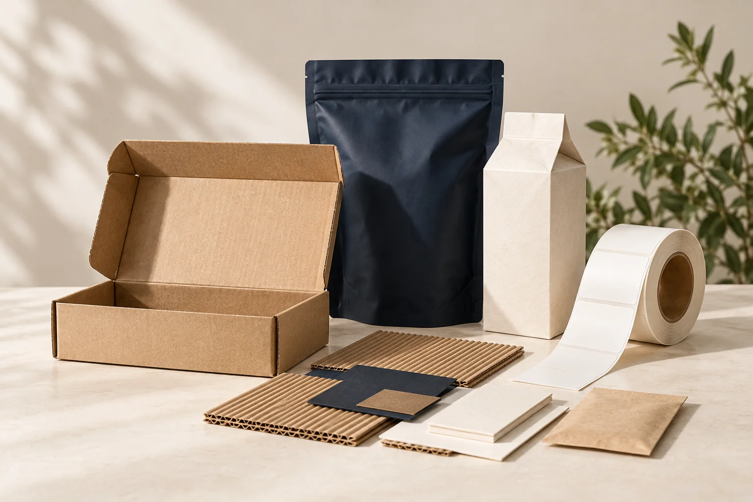 Packaging formats and material swatches laid out for comparison