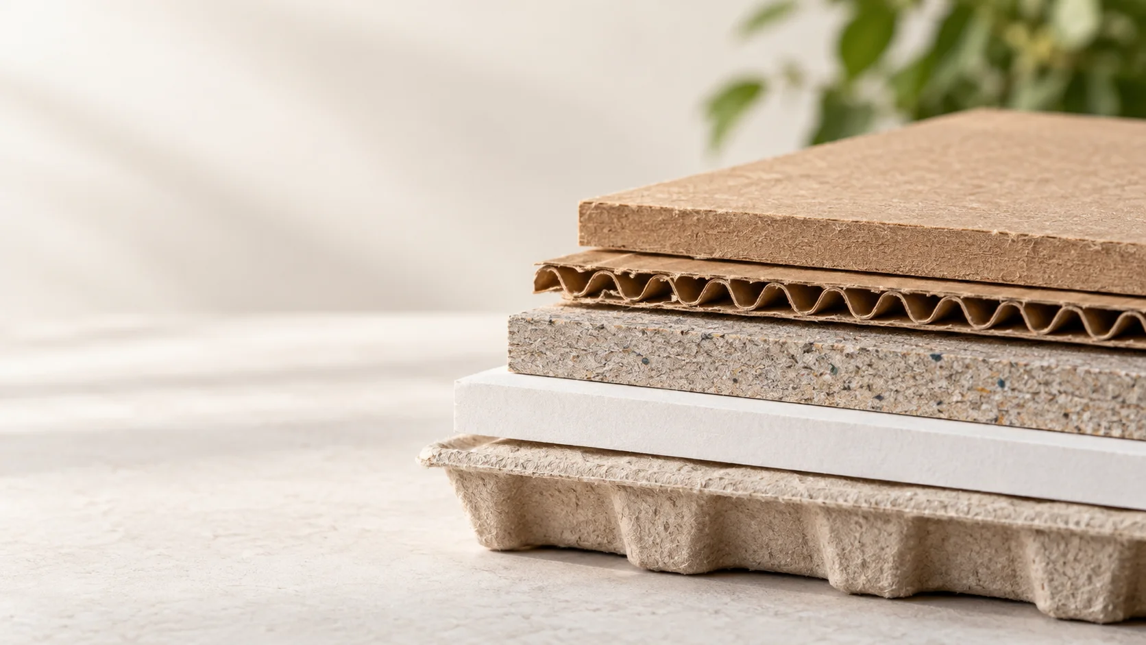 Layered samples of fibre, corrugated and recycled packaging material