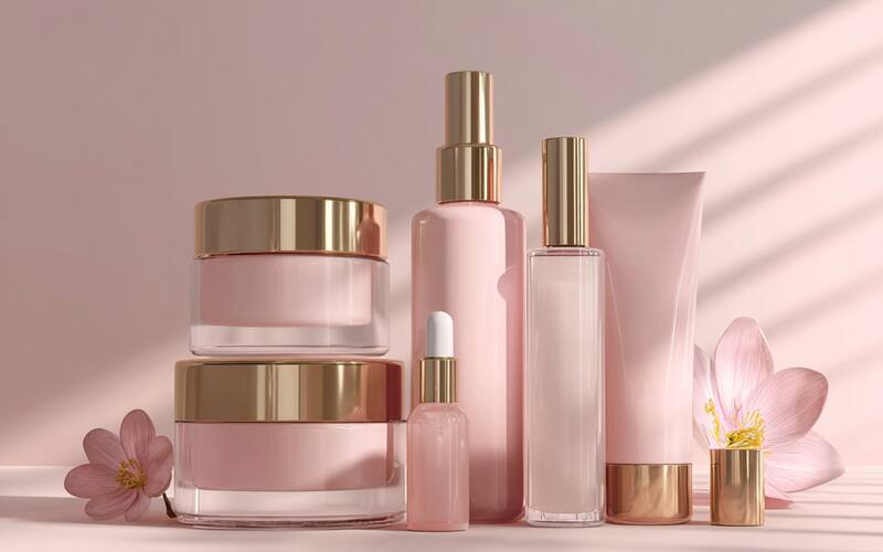 Coordinated cosmetic bottles jars cartons and labels for an Indian beauty brand